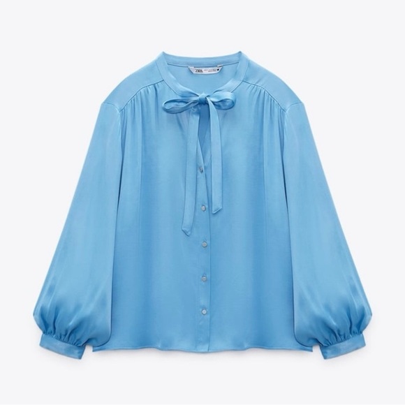Zara Satin Bow Tie V-Neck Long Sleeve Button Up Blouse Chic | Sky Blue | Medium - Picture 7 of 11